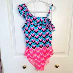 Osh Kosh Swimsuit One Shoulder Multicolor Chevron Pattern Girls Size 10